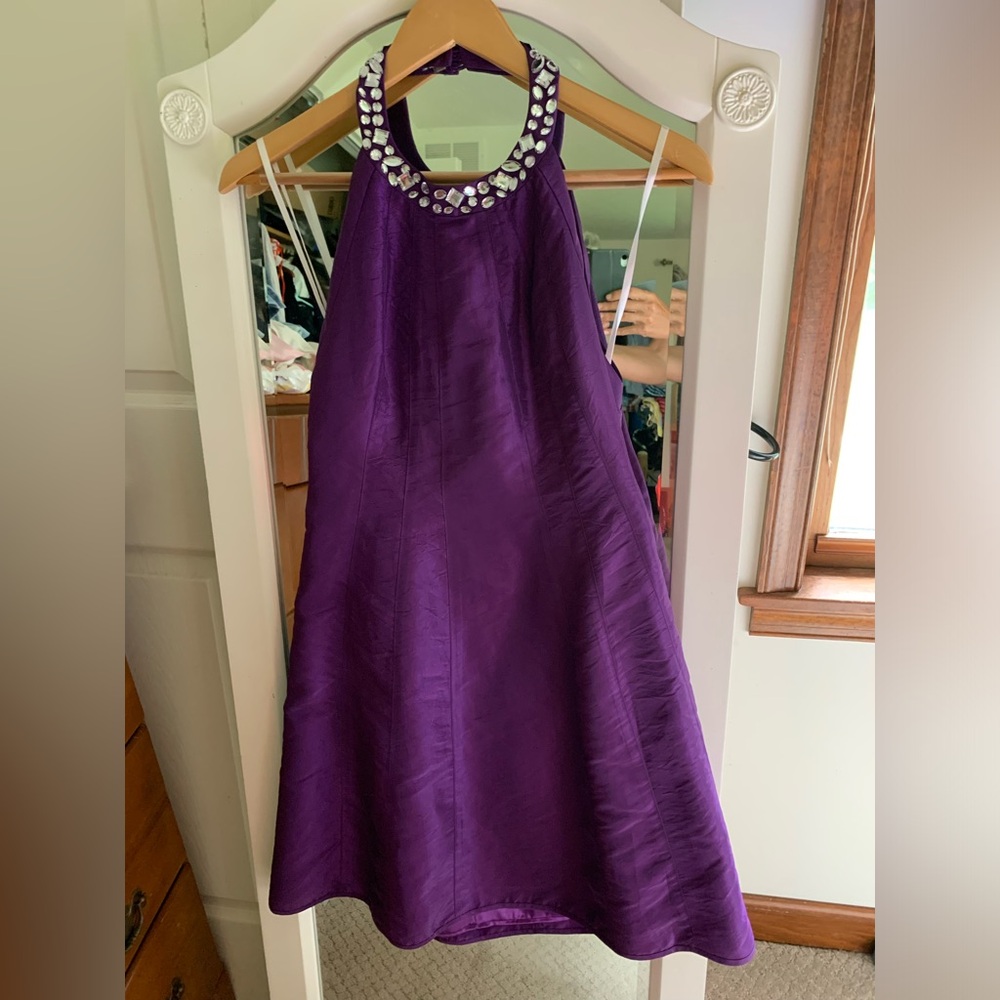 Essentials By ABS Purple Halter Neck Dress 6 Jeweled Neck Detail Formal Cocktail